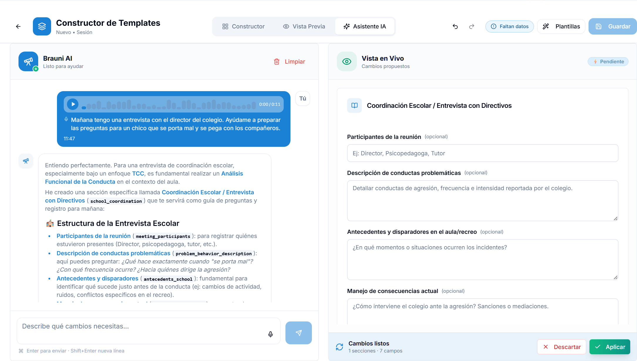Constructor de plantillas clínicas con asistente IA y vista en vivo del documento